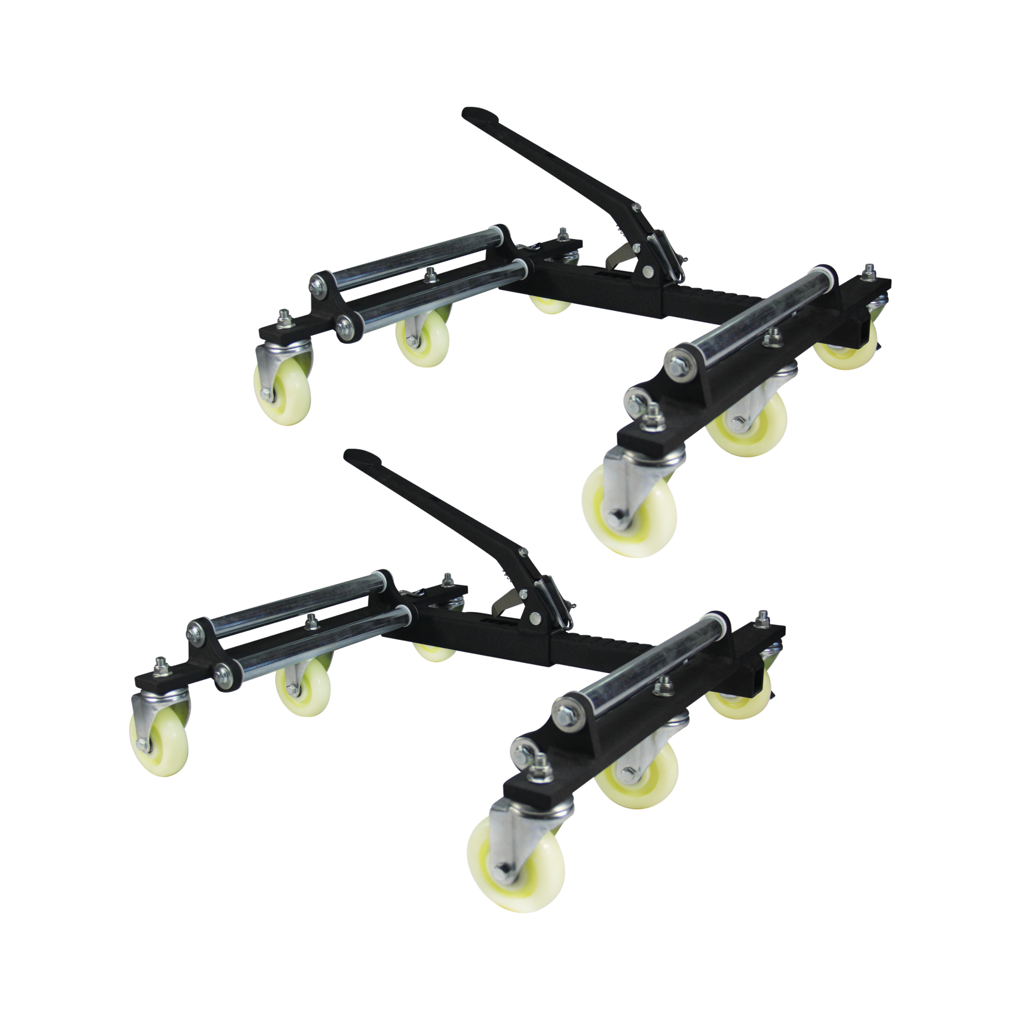 Trailer Valet RV and large trailer 6-wheel dolly set of 2, 2000 lbs capacity per dolly, fits tires up to 13 inches wide, ratcheting foot pedal, polyurethane casters with brakes, wrinkle black finish – Model TVWDX-2
